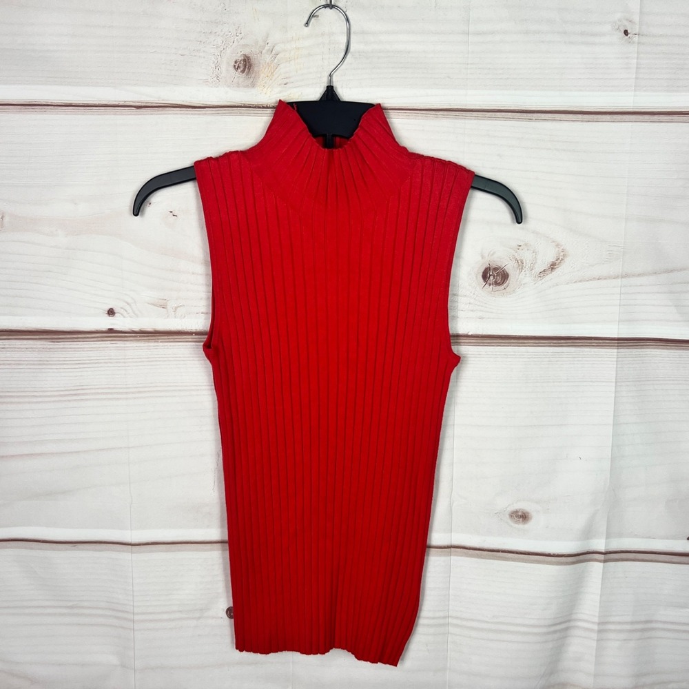 525 america Top Womens Small Red Ribbed Knit Tank Mock Neck Slim Fit Sleeveless